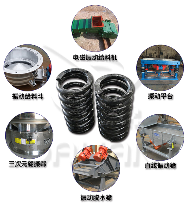 旋振篩減震彈簧適用產(chǎn)品：振動(dòng)給料機(jī)，電磁振動(dòng)給料機(jī)，振動(dòng)平臺(tái)，直線振動(dòng)篩，振動(dòng)脫水篩，三次元旋振篩。