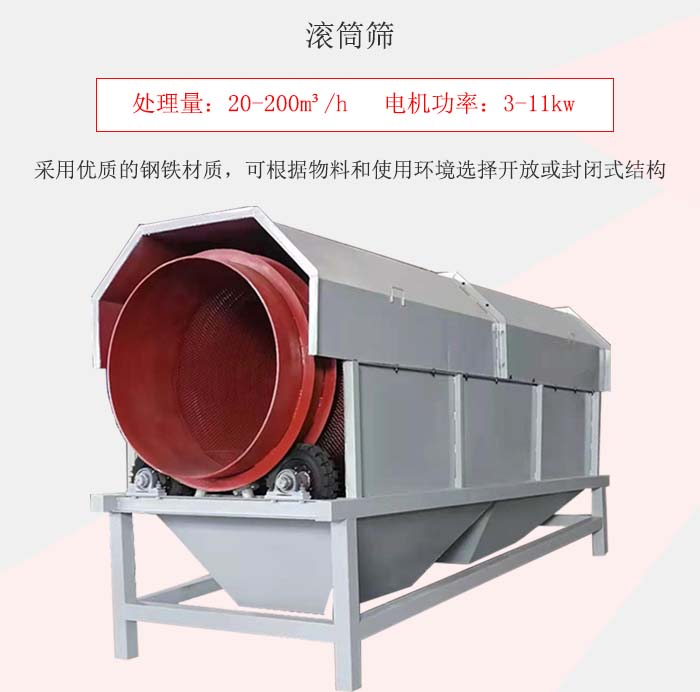 滾筒篩采用優(yōu)質(zhì)的鋼鐵材質(zhì)，可根據(jù)物料和使用環(huán)境選擇開(kāi)放或封閉式結(jié)構(gòu)