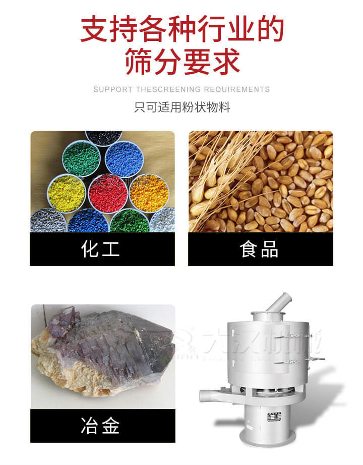 氣流篩用于礦粉，石墨粉，活性納米碳酸鈣，鋁灰，大豆粉，碳酸重鈣，石墨粉，木粉，干草，重金石粉，藥粉末，橡膠顆粒，草酸鹽，干料粉，木粉，聚酯粉，干粉，塑料，金屬粉末，橡膠粉，粉煤灰，石墨粉，陶瓷粉，鋅粉，石英粉，石灰粉，鐵粉，金屬硅粉等。