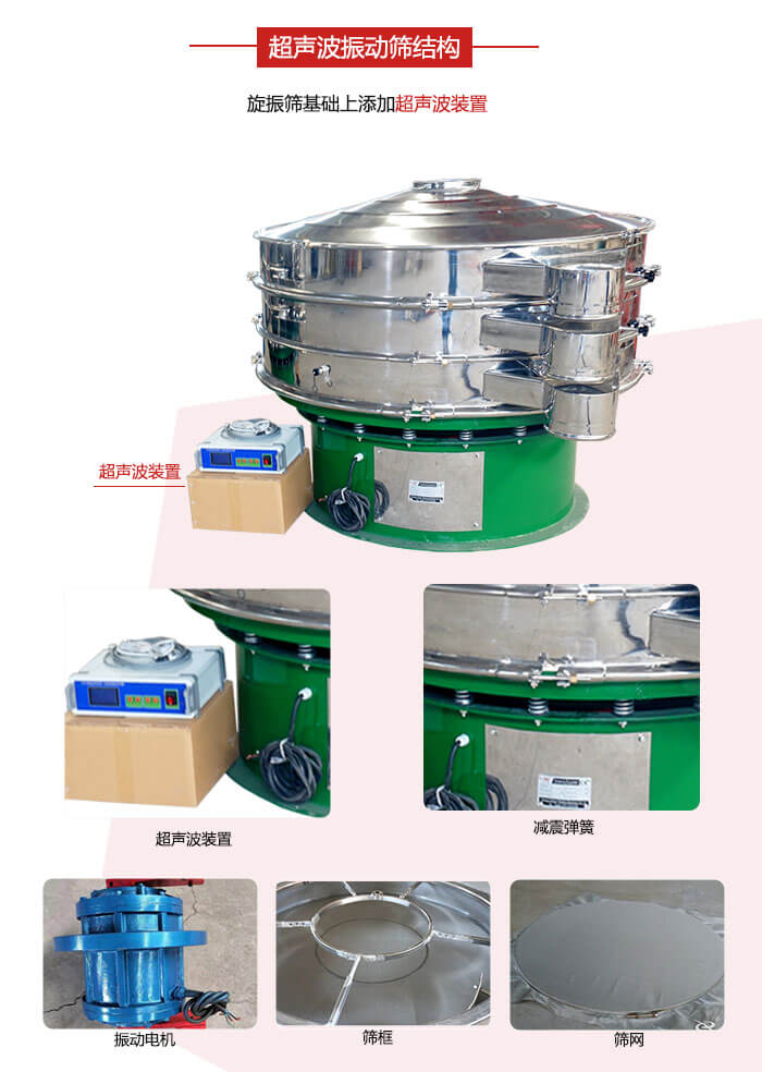 圓篩機(jī)內(nèi)部結(jié)構(gòu)：主要由振動(dòng)電機(jī)、篩框、篩網(wǎng)、超聲波系統(tǒng)、減震彈簧等展示圖