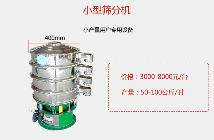 小型篩分機產(chǎn)量可達100公斤/時，價格3000元起。