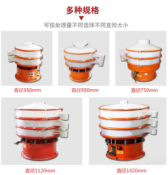 塑料振動篩不同篩分直徑進行展示：350，550，750，1120，1420等。