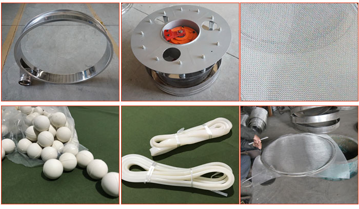 800型全不銹鋼振動(dòng)篩配件有：振動(dòng)篩篩框，電機(jī)，不銹鋼篩網(wǎng)等。