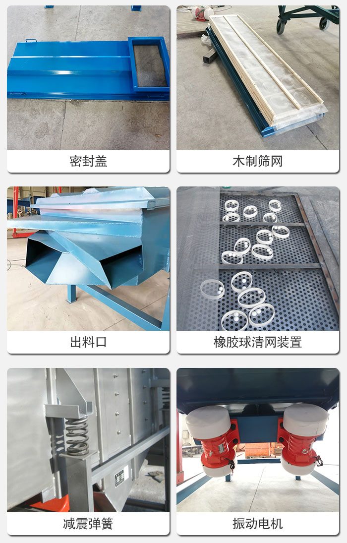 直線篩結(jié)構(gòu)展示：篩網(wǎng)，篩箱，振動(dòng)電機(jī)，振動(dòng)電機(jī)座，減震彈簧，支架等部件展示圖