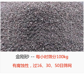 篩分金剛砂每小時100kg，有腐蝕性，過16、30、50目篩網(wǎng)