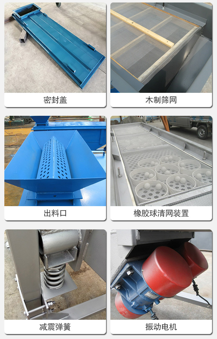 直線篩分機的結(jié)構(gòu)展示圖：篩箱是物料主要篩分設(shè)備之一，篩網(wǎng)用于篩分物料，振動電機幫助篩網(wǎng)篩分。