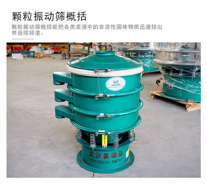 顆粒式振動篩是針對顆粒狀物料進行研發(fā)的，由于顆粒的形狀有很多的不同所以，廠家在清網(wǎng)裝置方面進行提升效率。