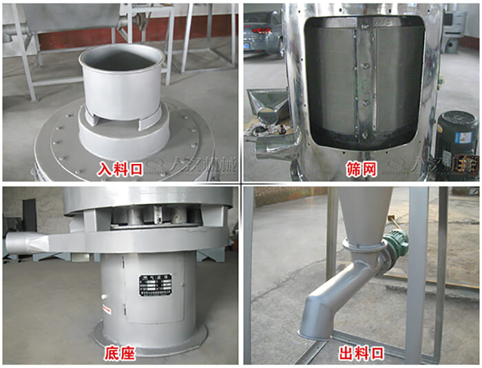 氣流篩部件展示：入料口，篩網(wǎng)，底座，出料口等。
