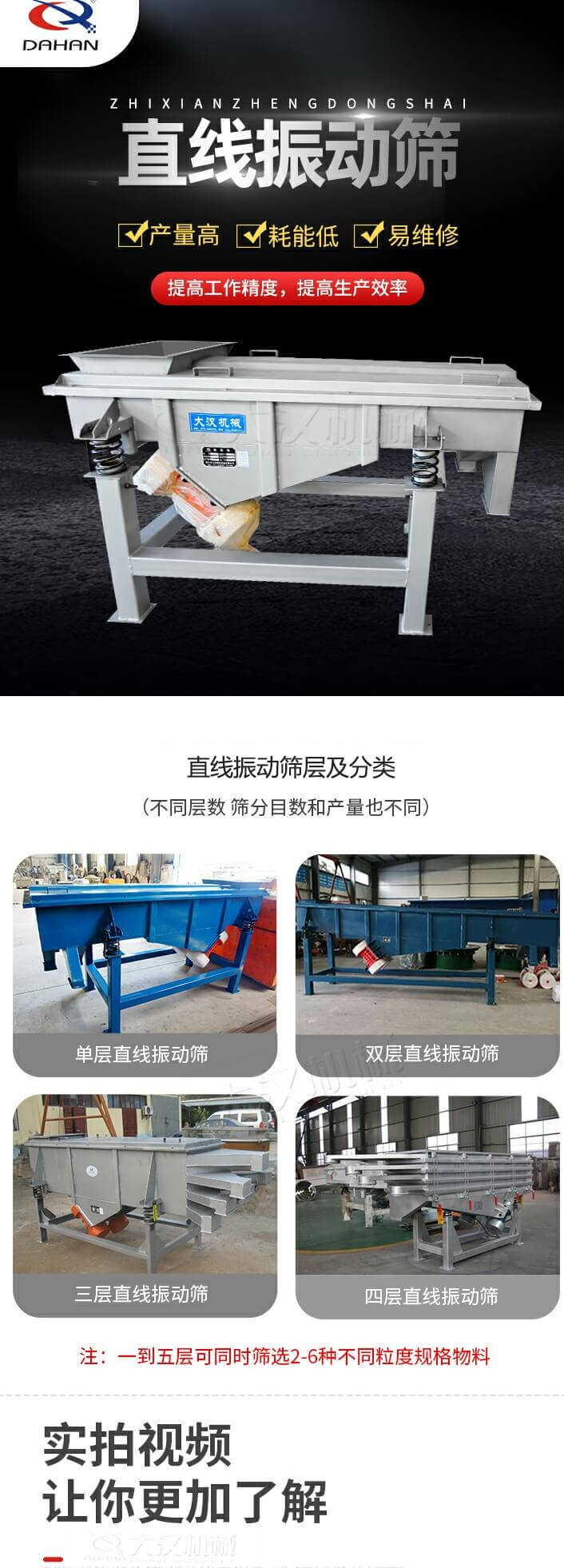 直線振動(dòng)篩概述，產(chǎn)量高，耗能低，易維修，提高工作精度，提高生產(chǎn)效率，直線振動(dòng)篩層級(jí)分類：不同層數(shù)，篩分目數(shù)和產(chǎn)量也不同：?jiǎn)螌?，雙層，三層，四層等。