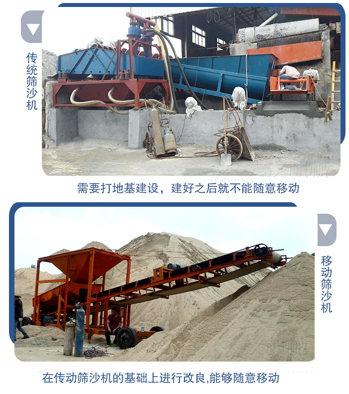 移動(dòng)的篩沙機(jī)在安裝前需要打地基，而固定完畢后就不能隨意的移動(dòng)，而移動(dòng)篩沙機(jī)不需要打地并且隨時(shí)能夠進(jìn)行移動(dòng)。