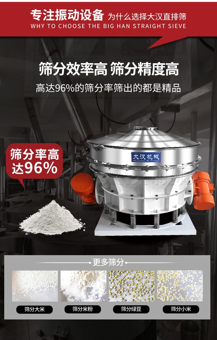直排篩適用物料有面粉，淀粉，洗衣粉，金屬粉，添加劑，化工，非礦等行業(yè)。