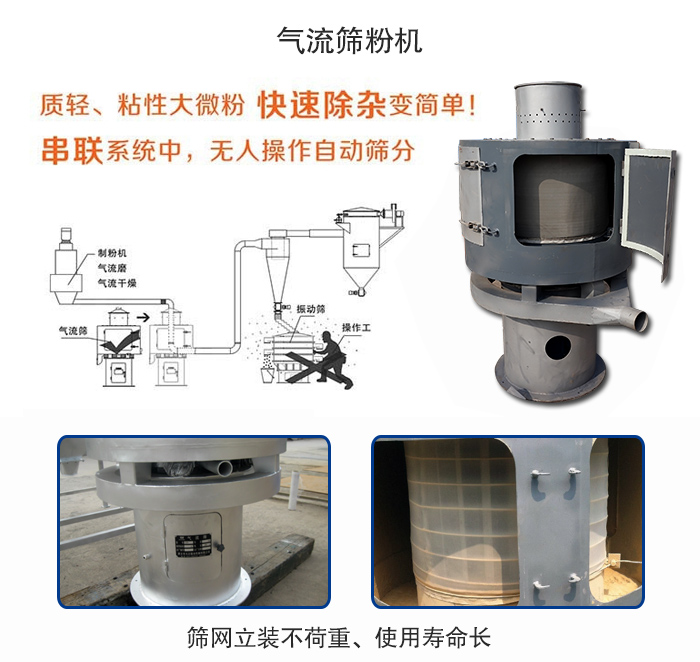 氣流篩粉機(jī)適用：質(zhì)輕，粘性大微粉采用串聯(lián)系統(tǒng)重，無人操作自動(dòng)篩分 特點(diǎn)：篩網(wǎng)立裝不負(fù)重，使用壽命長(zhǎng)。