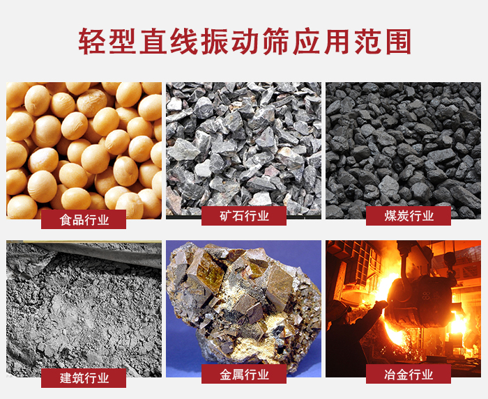 輕型直線振動篩應(yīng)用范圍較廣多使用與顆粒狀，粉狀以及其它重型行業(yè)的輸送。