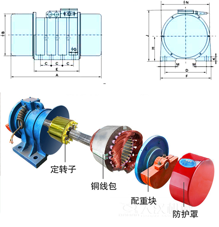 YZS振動電機(jī)內(nèi)部主要部件：定轉(zhuǎn)子，銅線包，配重塊，防護(hù)罩。