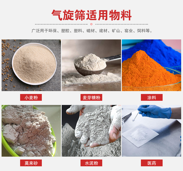 氣旋篩適用物料：小麥粉，麥芽糖粉，涂料，等粉狀物料。