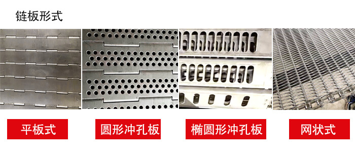 鏈板輸送機鏈板的不同形式：平板式，圓形沖孔板，網(wǎng)狀式等